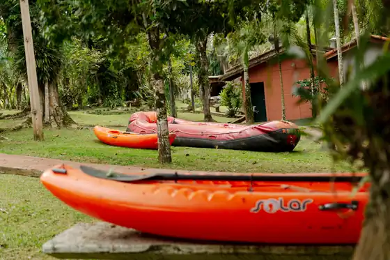 Caiaques e bote inflável na grama
